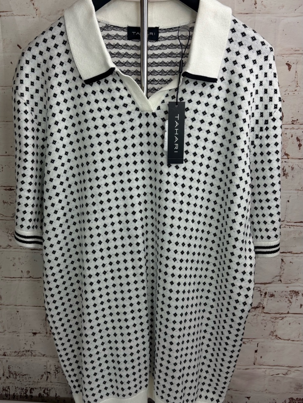 T Tahari White Polo with Black Diamond Knit Pattern